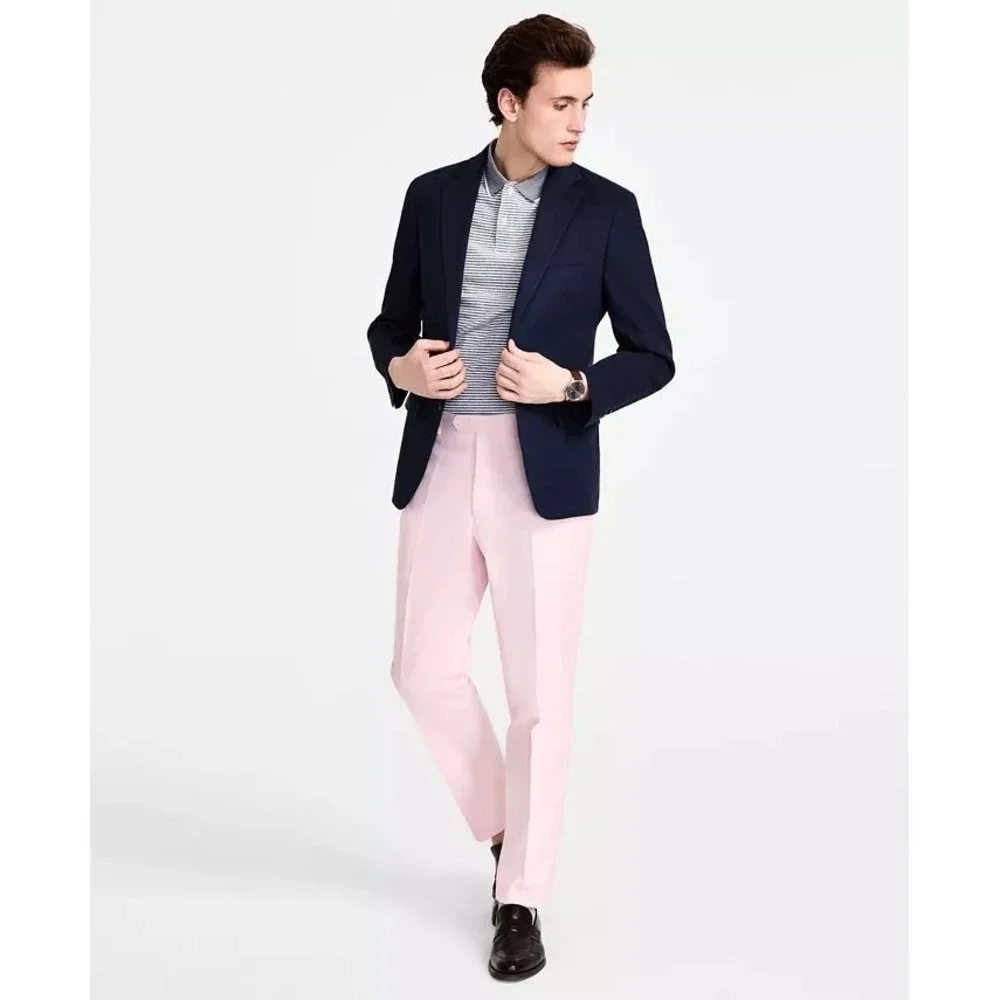 Tommy Hilfiger Mens Modern-Fit Suit Jacket 42L Linen Navy Blue